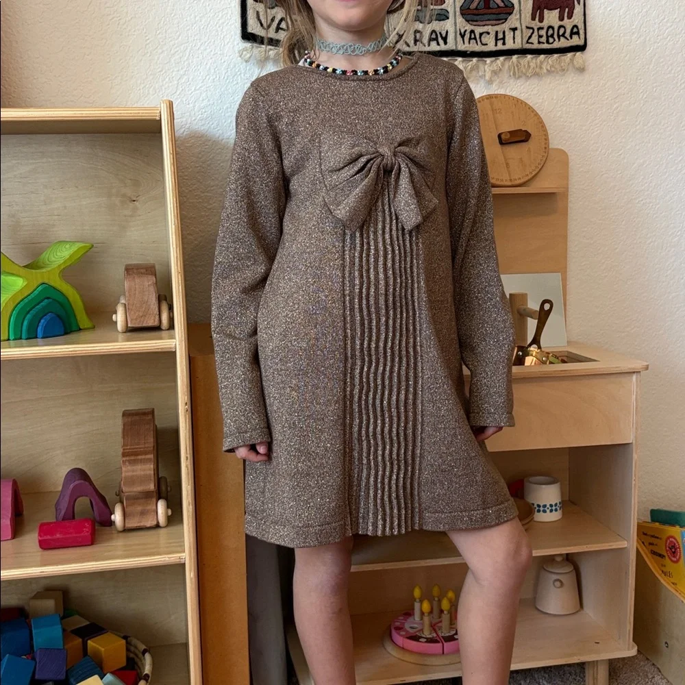 Hanna Andersson Festive Holiday Sparkling Taupe Sweater Dress with Bow